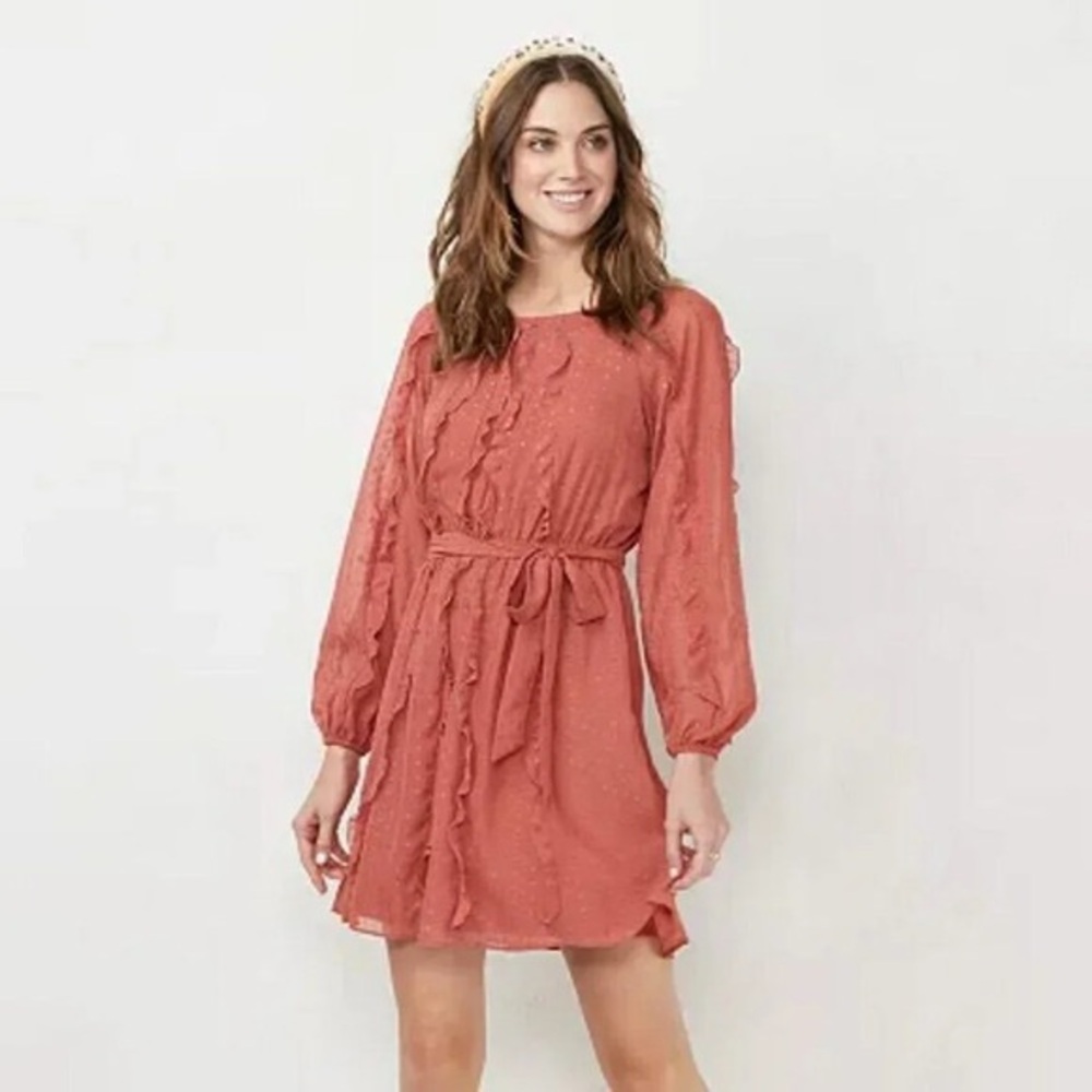 LC Lauren Conrad Women's Belted Cascading Ruffle Dress Size XS Long Sleeves NWT